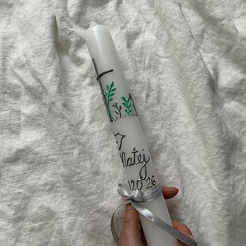 Ručne maľovaná krstná svieca s personalizáciou – 35 cm, biely vosk