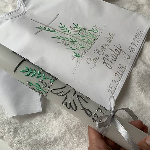 Ručne maľovaná krstná svieca s personalizáciou – 35 cm, biely vosk