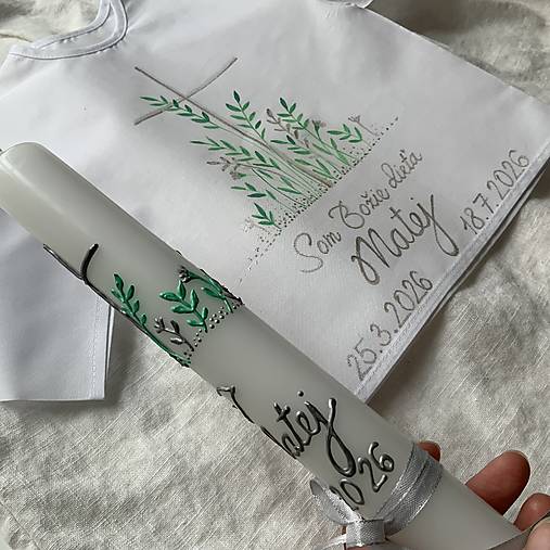 Ručne maľovaná krstná svieca s personalizáciou – 35 cm, biely vosk
