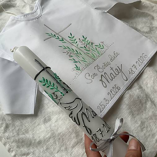 Ručne maľovaná krstná svieca s personalizáciou – 35 cm, biely vosk