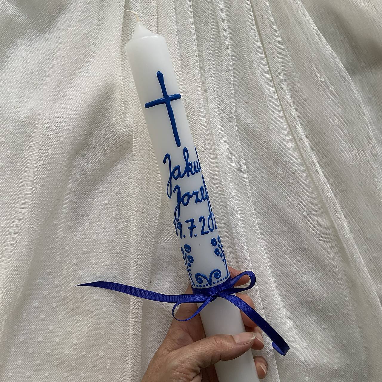 Ručne maľovaná krstná svieca s personalizáciou – 35 cm, biely vosk