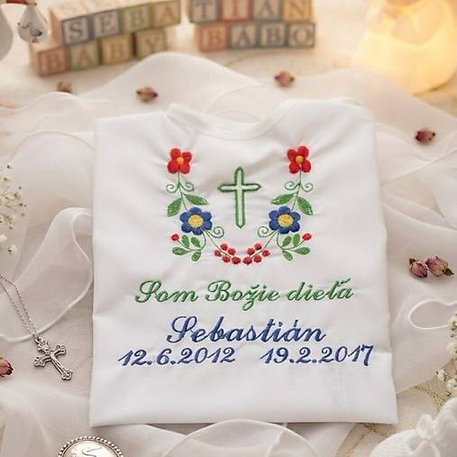 Detské oblečenie - košieľka na krst K14 modro-zelená s krížikom - 18437923_