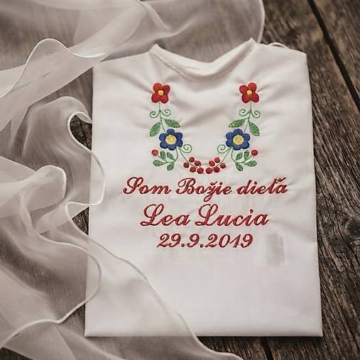 Detské oblečenie - košieľka na krst K14, biela bavlna, červená výšivka - 18437958_