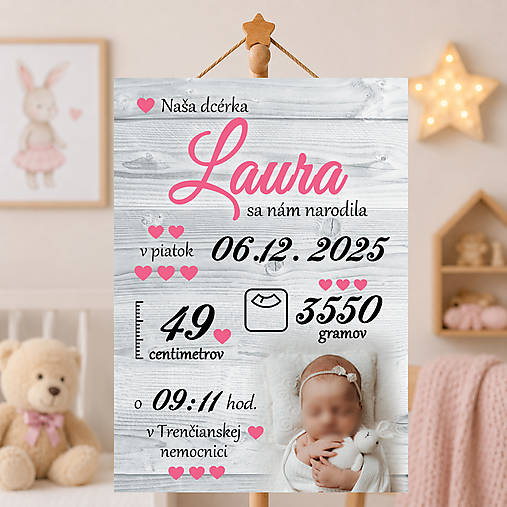 Tabuľka pre bábätko s údajmi o narododení  základná ružová DT18