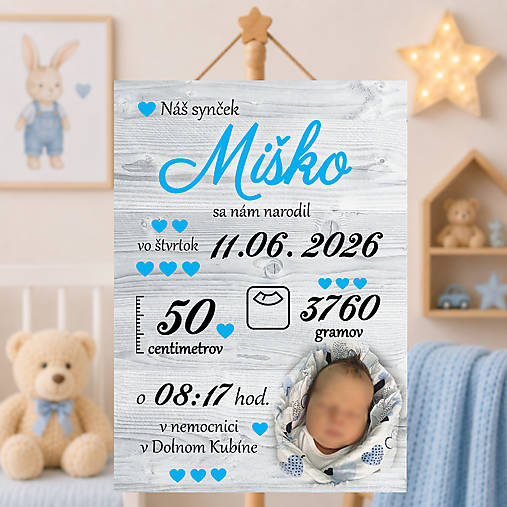 Tabuľka pre bábätko s údajmi o narododení  základná modrá DT19