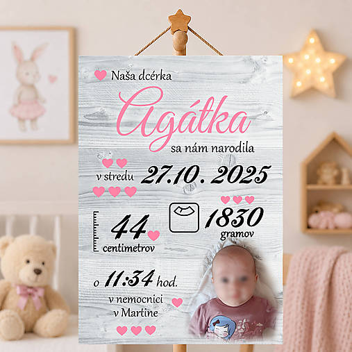 Tabuľka pre bábätko s údajmi o narododení  základná baby pink DT22