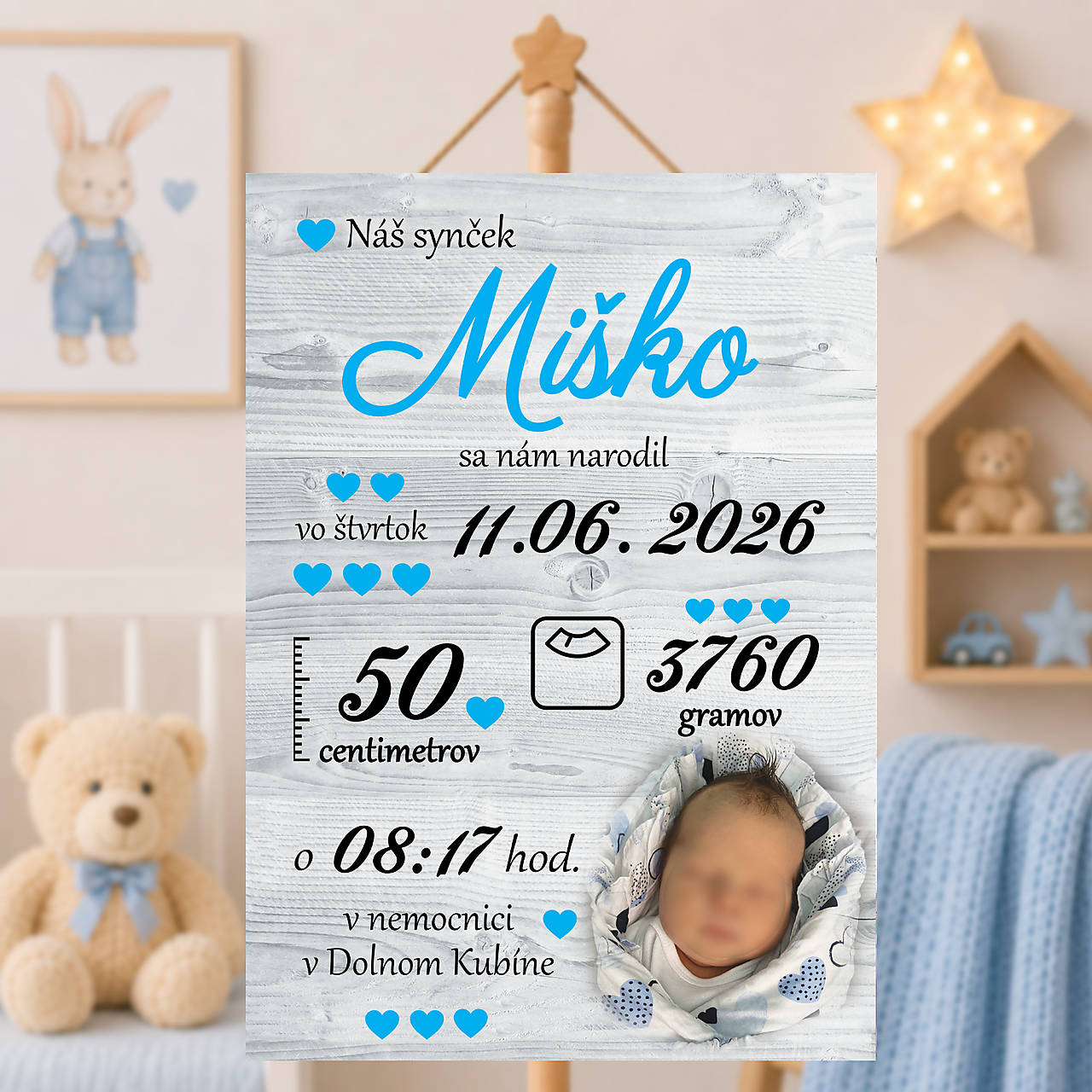 Tabuľka pre bábätko s údajmi o narododení  základná modrá DT19