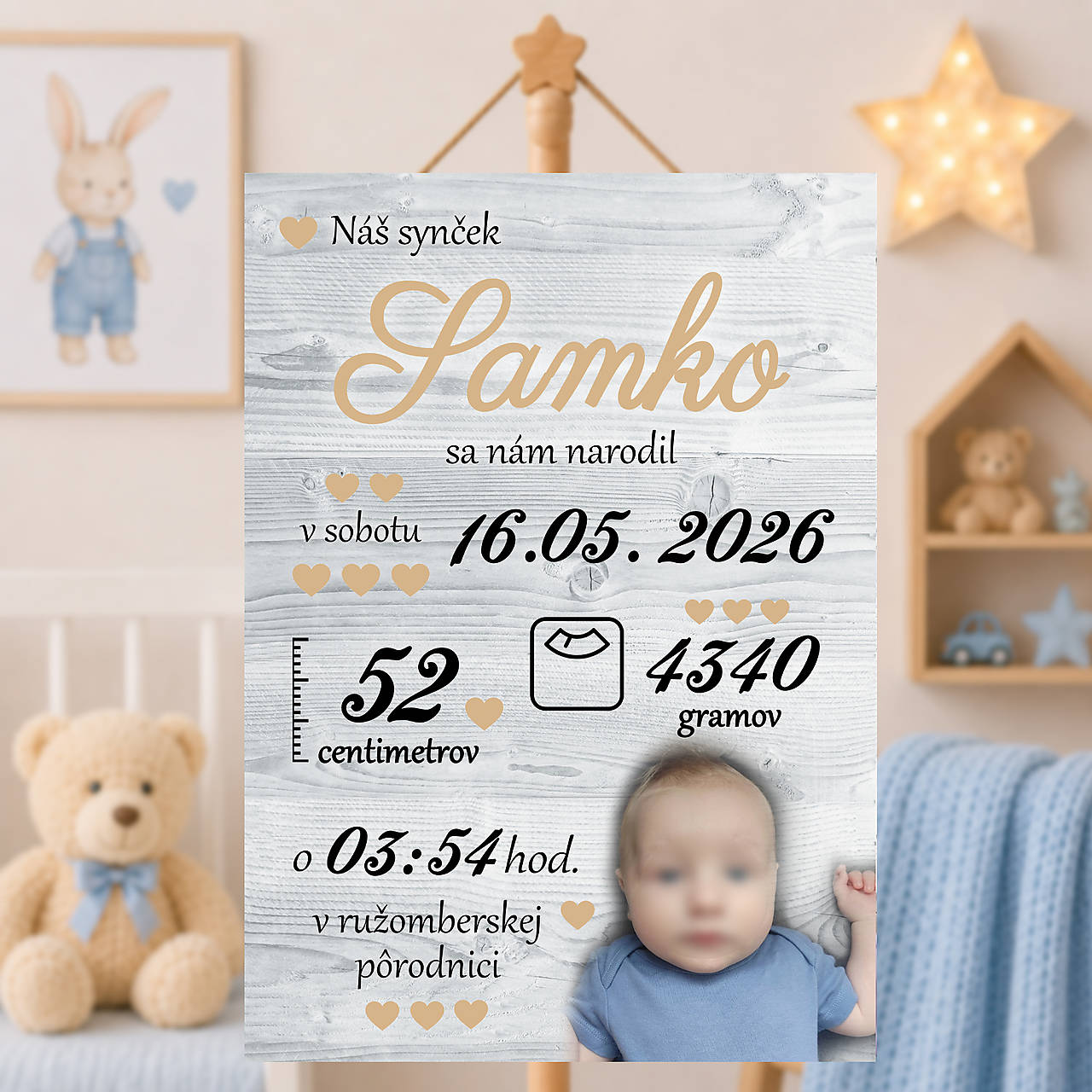 Tabuľka pre bábätko s údajmi o narododení  základná ivory DT20