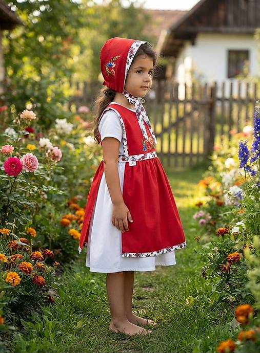 Iné oblečenie - Dievčenský vidiecky set: Zástera Tabard a čepček (3 - 5 rokov) - 18455623_
