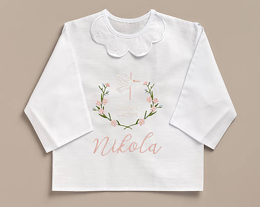 Detské oblečenie - Košielka na krst_ružový venček a holubica (košieľka s personalizovanou krabičkou) - 18457816_