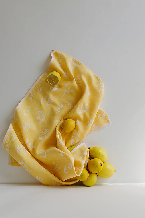 Úžitkový textil - Ľanová kuchynská utierka Kvietky (žltá) - 18461483_