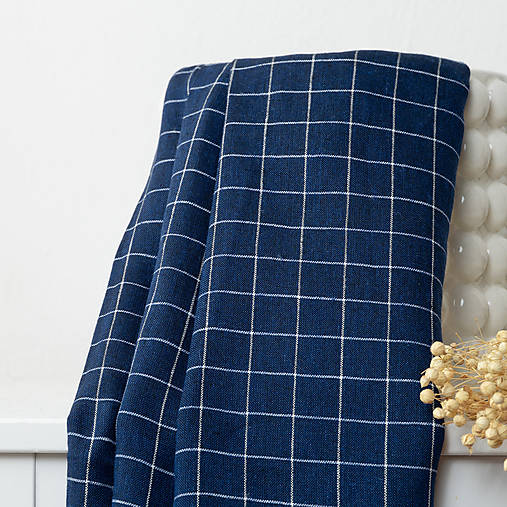 Textil - Európsky ľan tmavomodrý káro s farebnými prúžkami - 18468961_