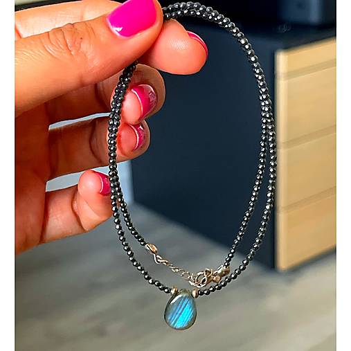 Labradorite Teardrop Hematite AG925 Necklace / Náhrdelník labradorit, hematit, striebro AG925