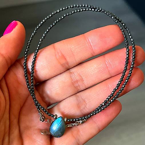 Labradorite Teardrop Hematite AG925 Necklace / Náhrdelník labradorit, hematit, striebro AG925