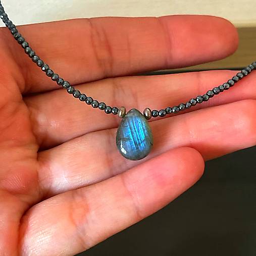 Labradorite Teardrop Hematite AG925 Necklace / Náhrdelník labradorit, hematit, striebro AG925