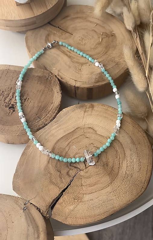 Letný náhrdelník choker - amazonit, krištáľ