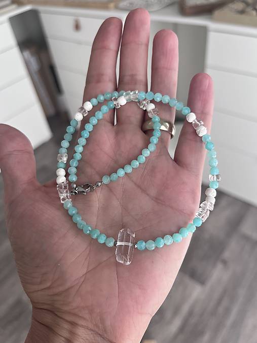 Letný náhrdelník choker - amazonit, krištáľ