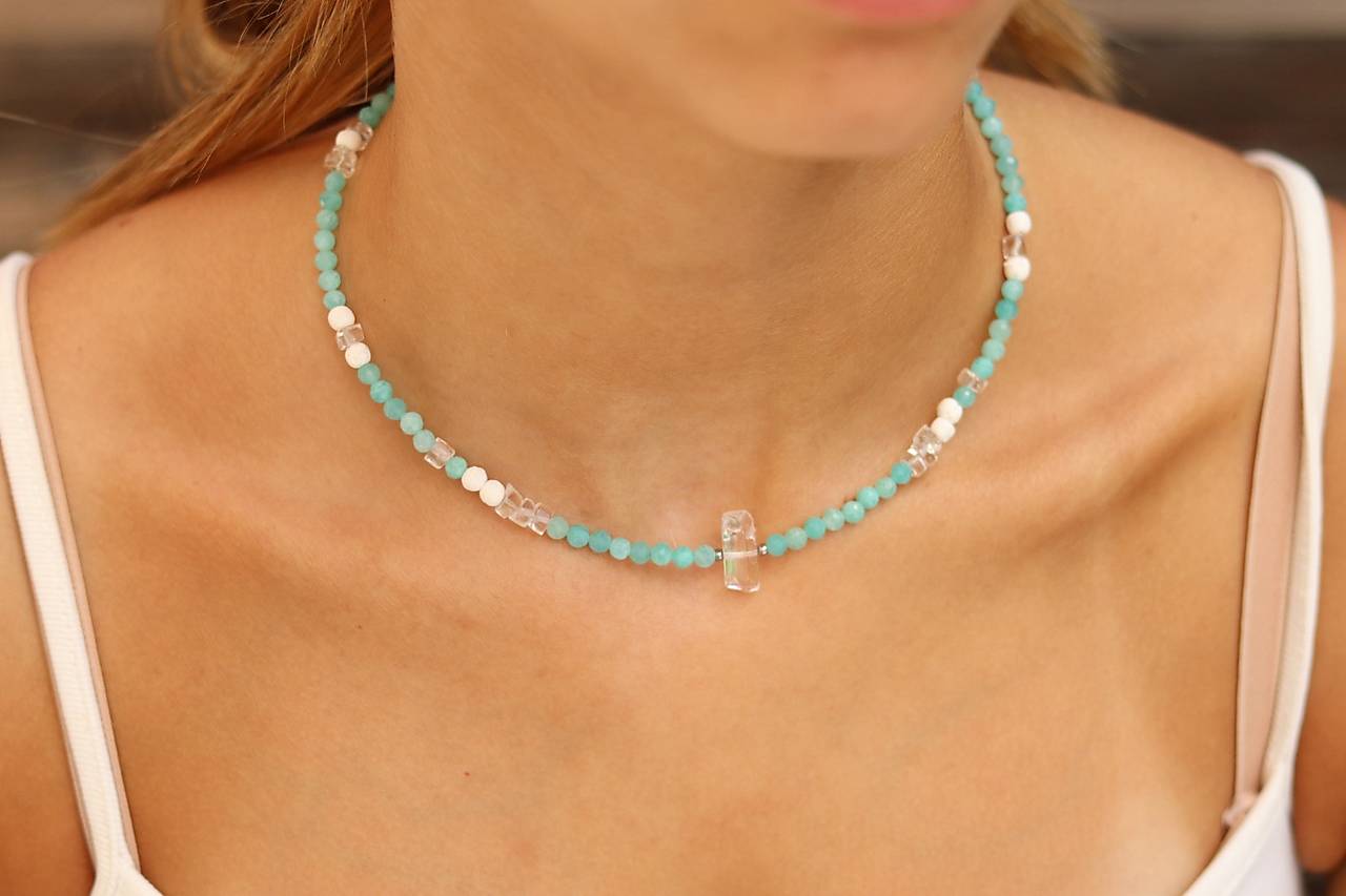 Letný náhrdelník choker - amazonit, krištáľ