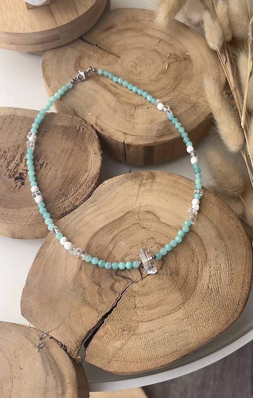 Letný náhrdelník choker - amazonit, krištáľ
