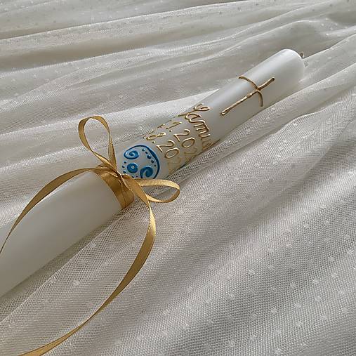 Ručne maľovaná krstná svieca s personalizáciou – modro-zlatá - 35 cm, biely vosk