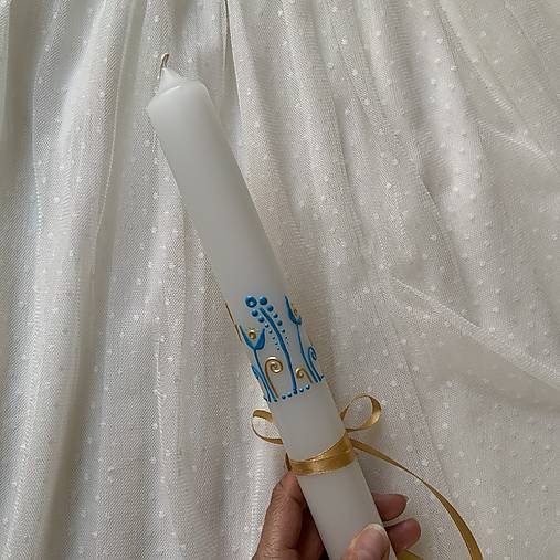 Ručne maľovaná krstná svieca s personalizáciou – modro-zlatá - 35 cm, biely vosk