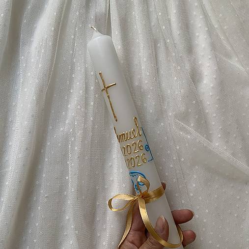 Ručne maľovaná krstná svieca s personalizáciou – modro-zlatá - 35 cm, biely vosk