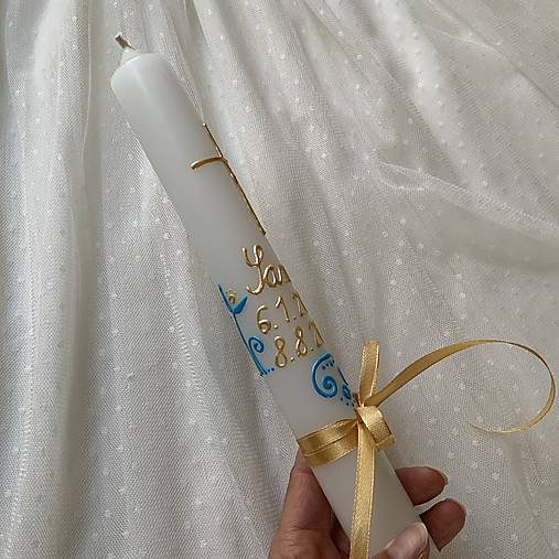 Ručne maľovaná krstná svieca s personalizáciou – modro-zlatá - 35 cm, biely vosk