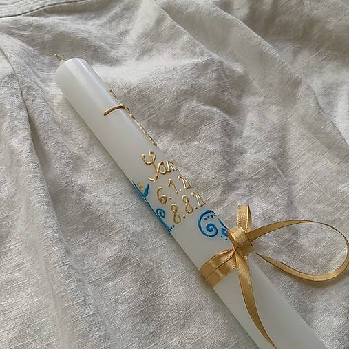 Ručne maľovaná krstná svieca s personalizáciou – modro-zlatá - 35 cm, biely vosk