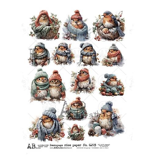Papier - Ryžový papier A4 - zimné vtáčiky - AB studio - 6293 - 18480651_