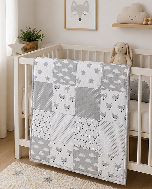 Detský textil - Sivo-biela patchworková deka s barančekom 100*80cm - 18483858_