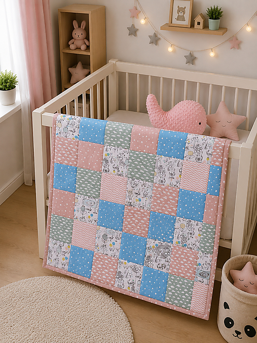 Detský textil - Ružovo-mentolová patchworková deka 120*90cm - 18483860_