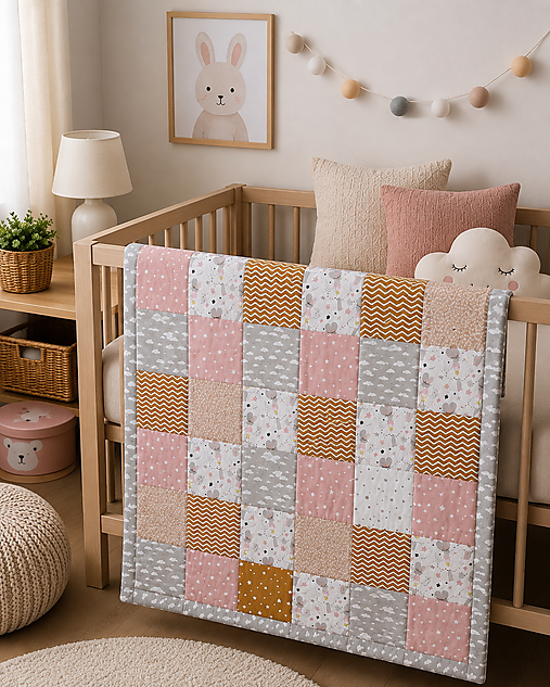 Detský textil - Ružovo-horčicovo-béžová patchworková deka 100*100cm - 18483861_