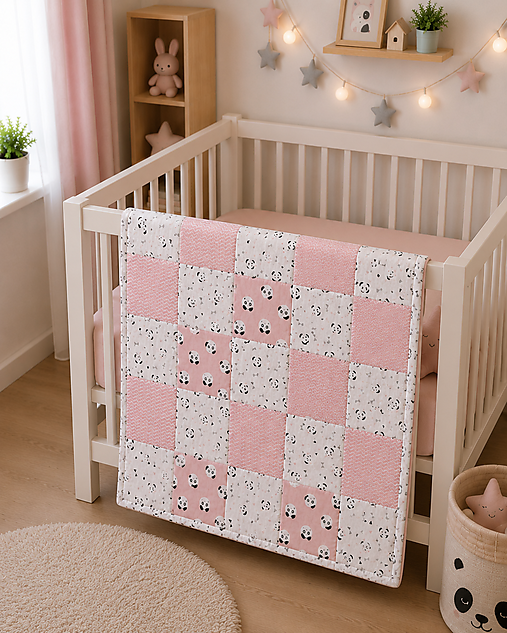 Detský textil - Ružová patchworková deka s pandami 115*95cm - 18483862_