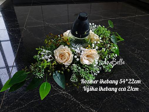 Dekorácie - Biela, béžová , jemná ikebana, kahanec na hrob  (Béžové kvety so zeleňou) - 18483359_