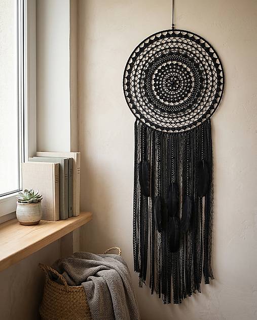 Dekorácie - Lapač zlých snov Čierna holubica 40 x 120 cm - 18487743_