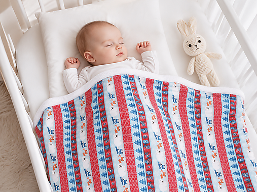 Detský textil - Biela ovečková deka s červeno-modrými zvieratkami 70*100cm - 18488609_