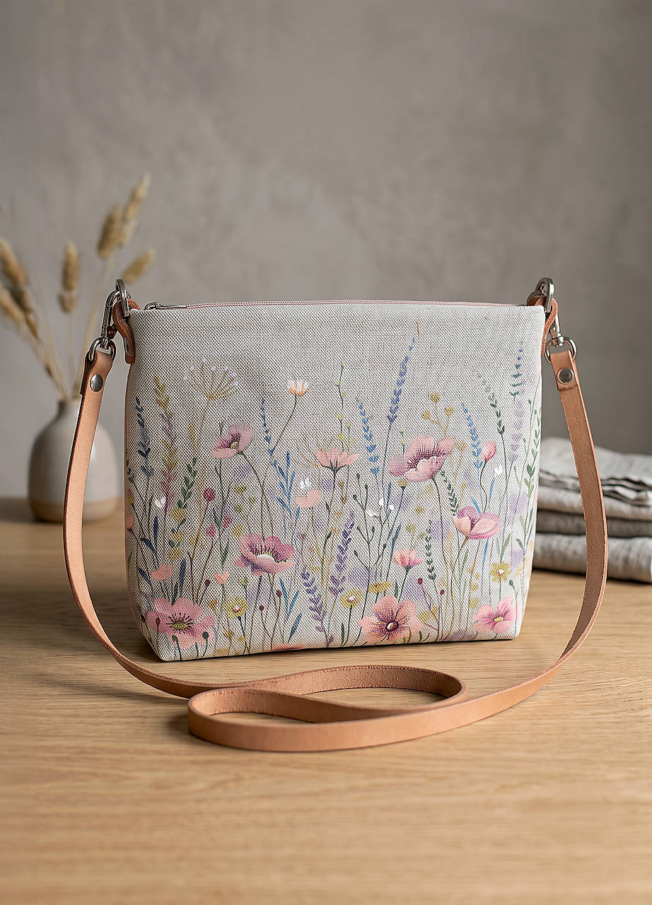 Ručne maľovaná ľanová crossbody kabelka s kvetinovým motívom