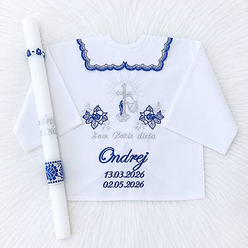 Detské oblečenie - biela-stredná modrá + sviečka personalizovaná - 18495152_