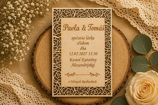 Papiernictvo - Drevené svadobné oznámenie s vyrezávanými ružami - 18495488_