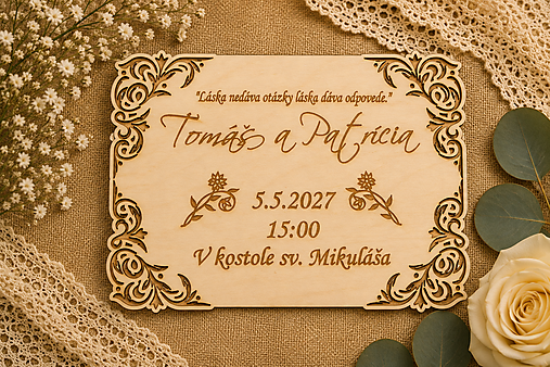 Papiernictvo - Vyrezávané drevené svadobné oznámenie s ornamentmi - 18495489_