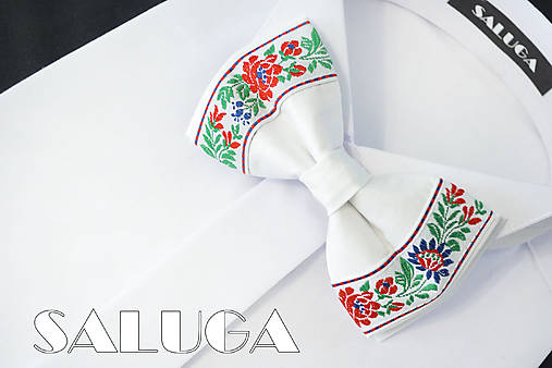 Pánske doplnky - Biely folkový, folklórny motýlik - krojový, ľudový motív - svadobný, družobvský - 18501012_