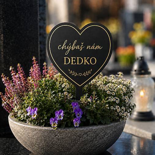 Dekorácie - Spomienkový zápich do kvetináča na hrob SRDIEČKO - TEXT PODĽA ŽELANIA (čierny/zlatý) - 18506112_