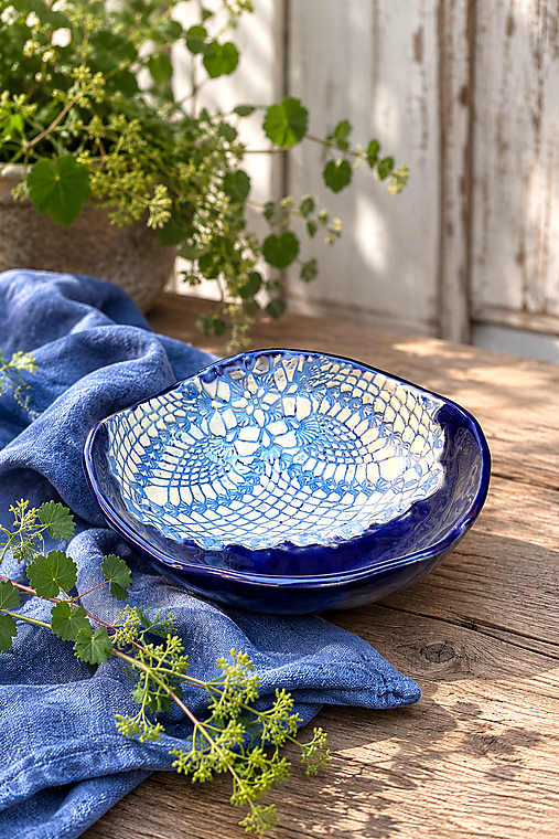 Nádoby - Keramická miska Indigo – ručne modelovaná, priemer 14–15 cm - 18527073_