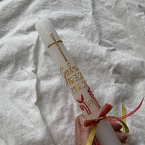 Sviečky - Ručne maľovaná krstná svieca s personalizáciou červenozlatá– 35 cm - 18542910_