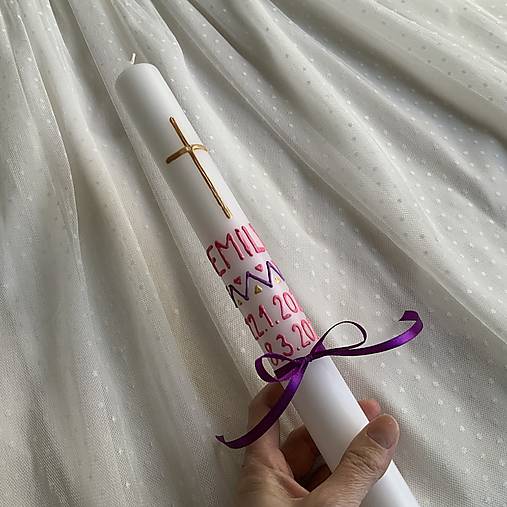 Sviečky - Ručne maľovaná krstná svieca s personalizáciou ružovo - fialovo - zlatá– 35 cm - 18542933_