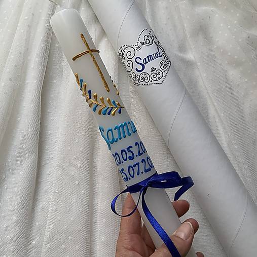 Sviečky - Ručne maľovaná krstná svieca s personalizáciou – 35 cm, biely vosk - 18542953_