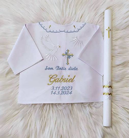 Detské oblečenie - košieľka + sviečka na krst modro zlatá - 18544323_