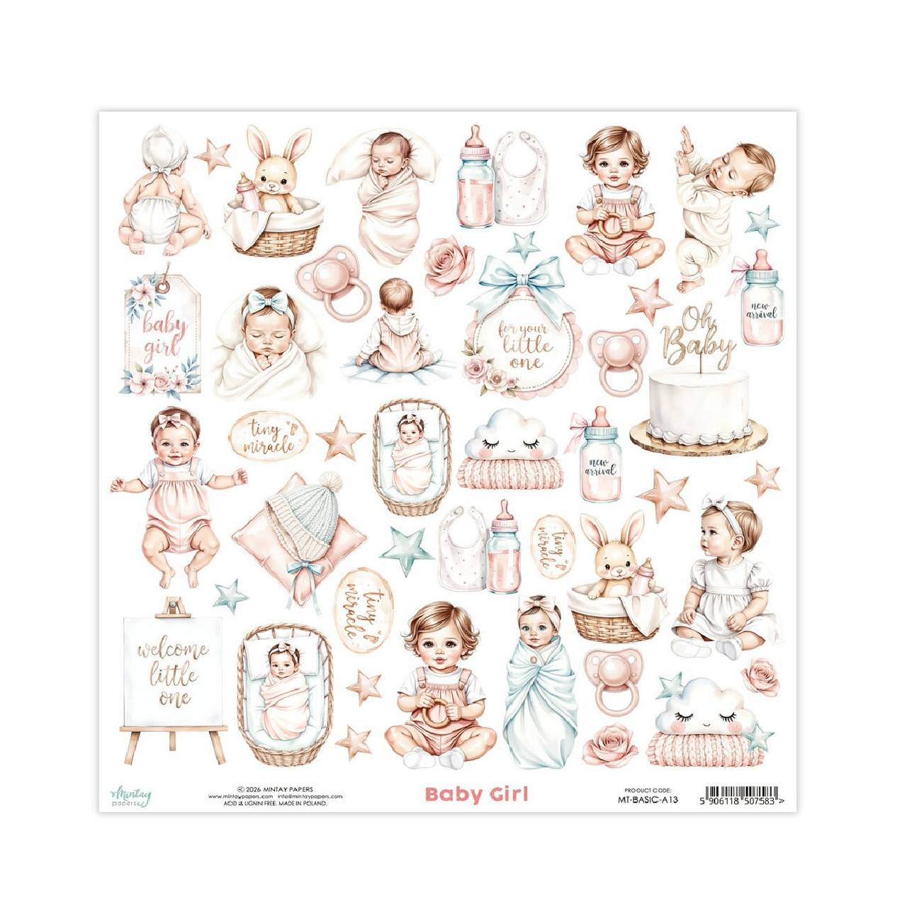 Scrapbook papier na vystrihovanie - Baby Girl - Mintay - 12 x 12