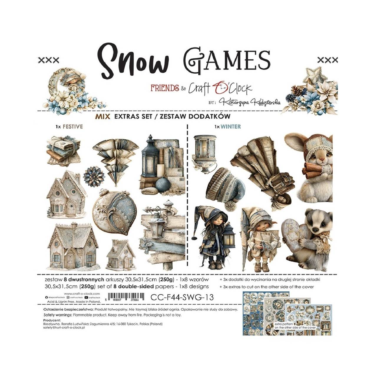 Scrapbook papier na vystrihovanie - Snow Games -  12x12 - Extra set Mix - Craft o Clock