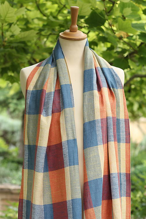 Ľanovo-bavlnená šatka s kockovaným dobby vzorom 44x190cm